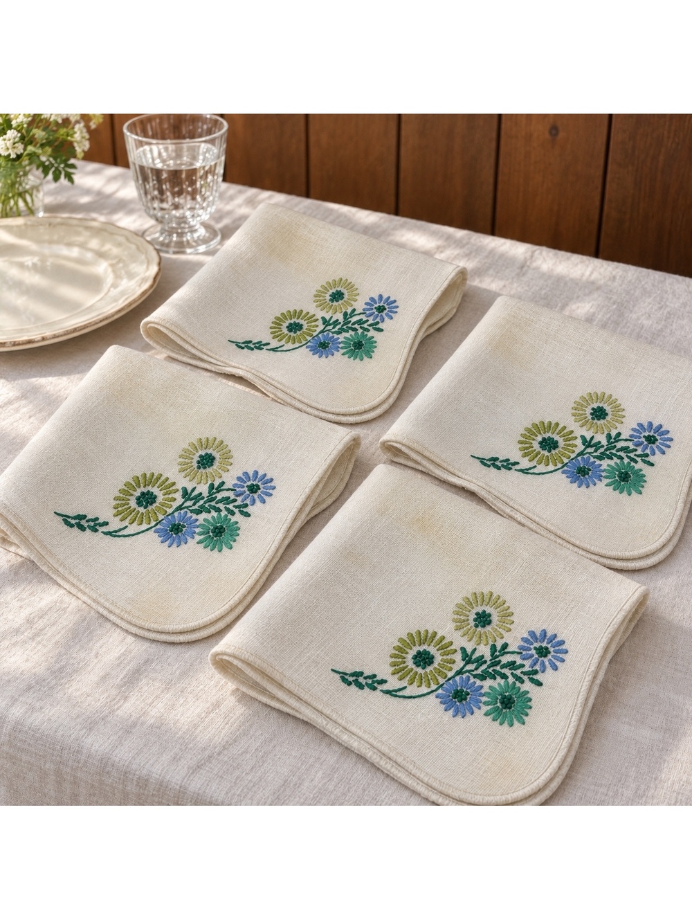 Vintage Linen Napkins Hand Embroidered Blue Green Flowers Set Of 4 16 Inch